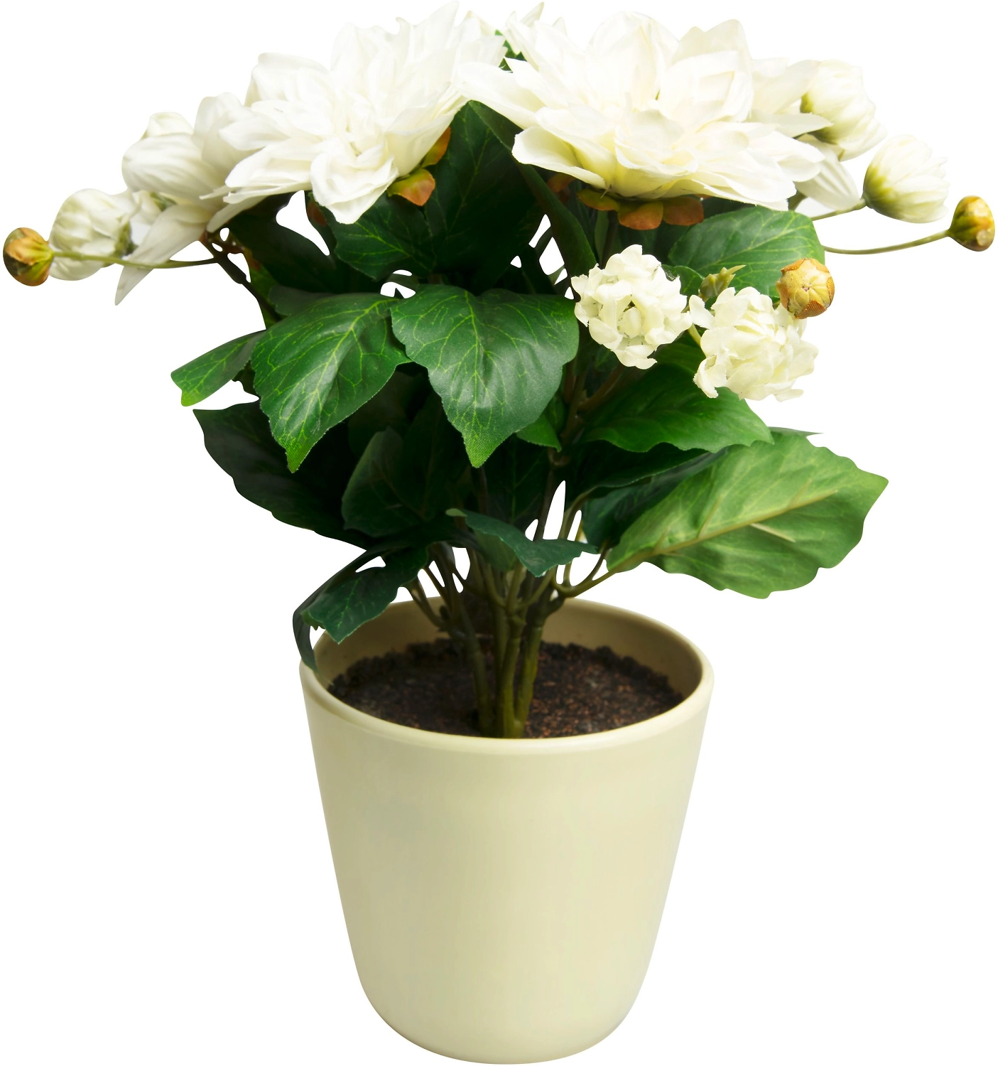 Искусственный цветок георгина кремовая 30 см в горшке