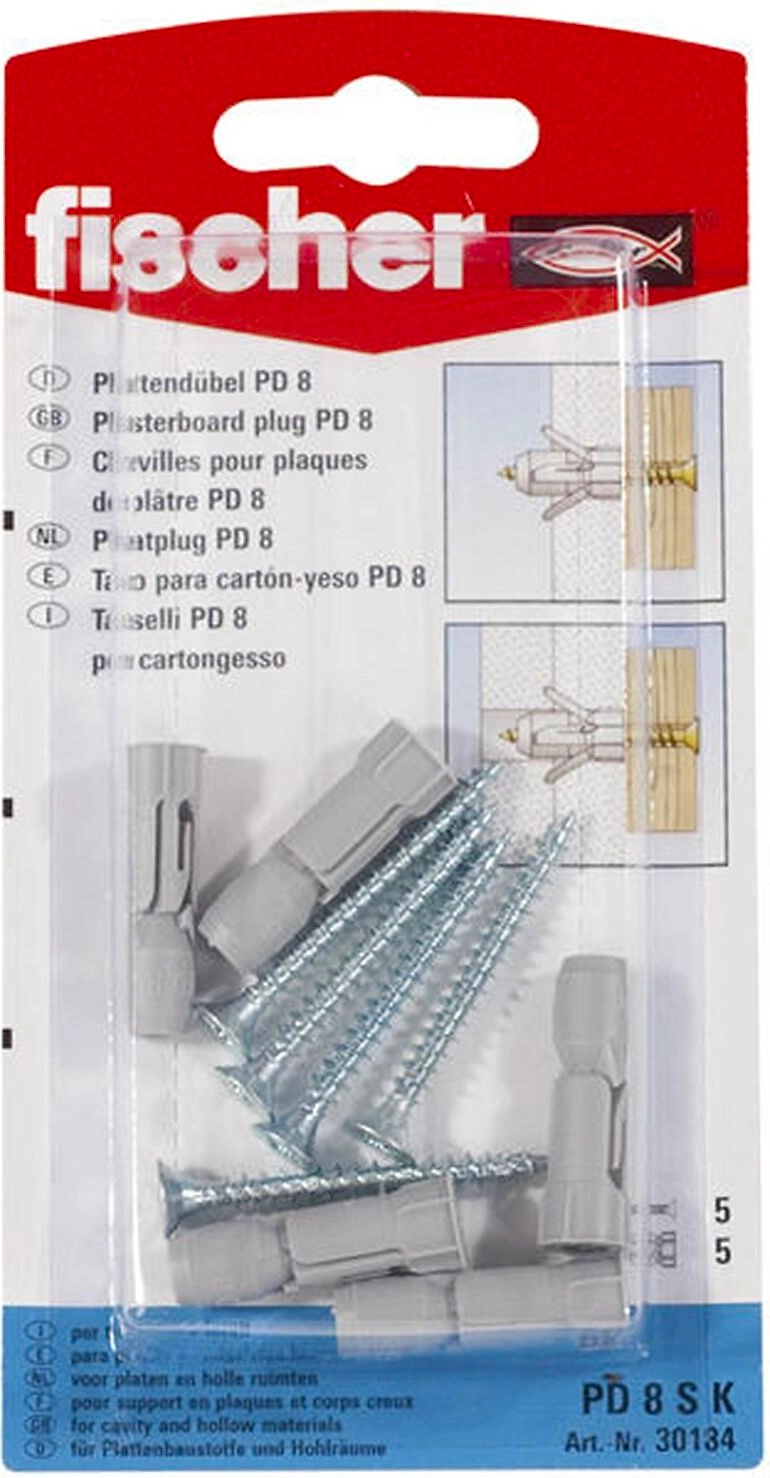 Дюбель универсальный распорный Fischer PD 8x29 мм с шурупом 5 шт