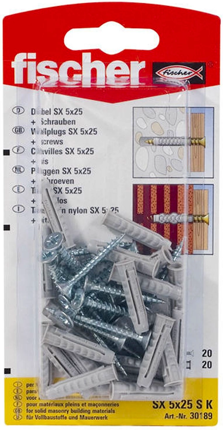 Дюбель универсальный распорный Fischer SX 5x25 мм с шурупом 20 шт