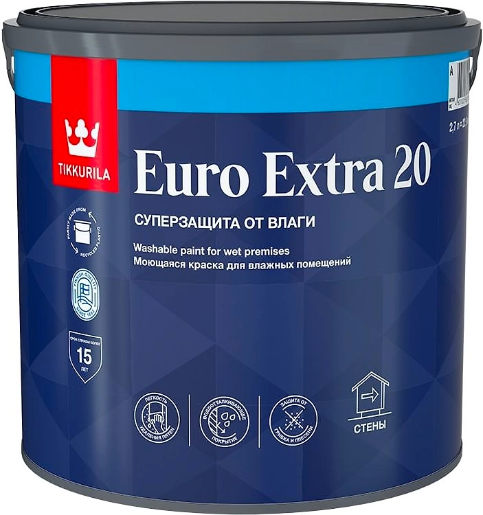 Краска интерьерная Tikkurila Euro Extra 20 полуматовая колеруемая 2,7 л