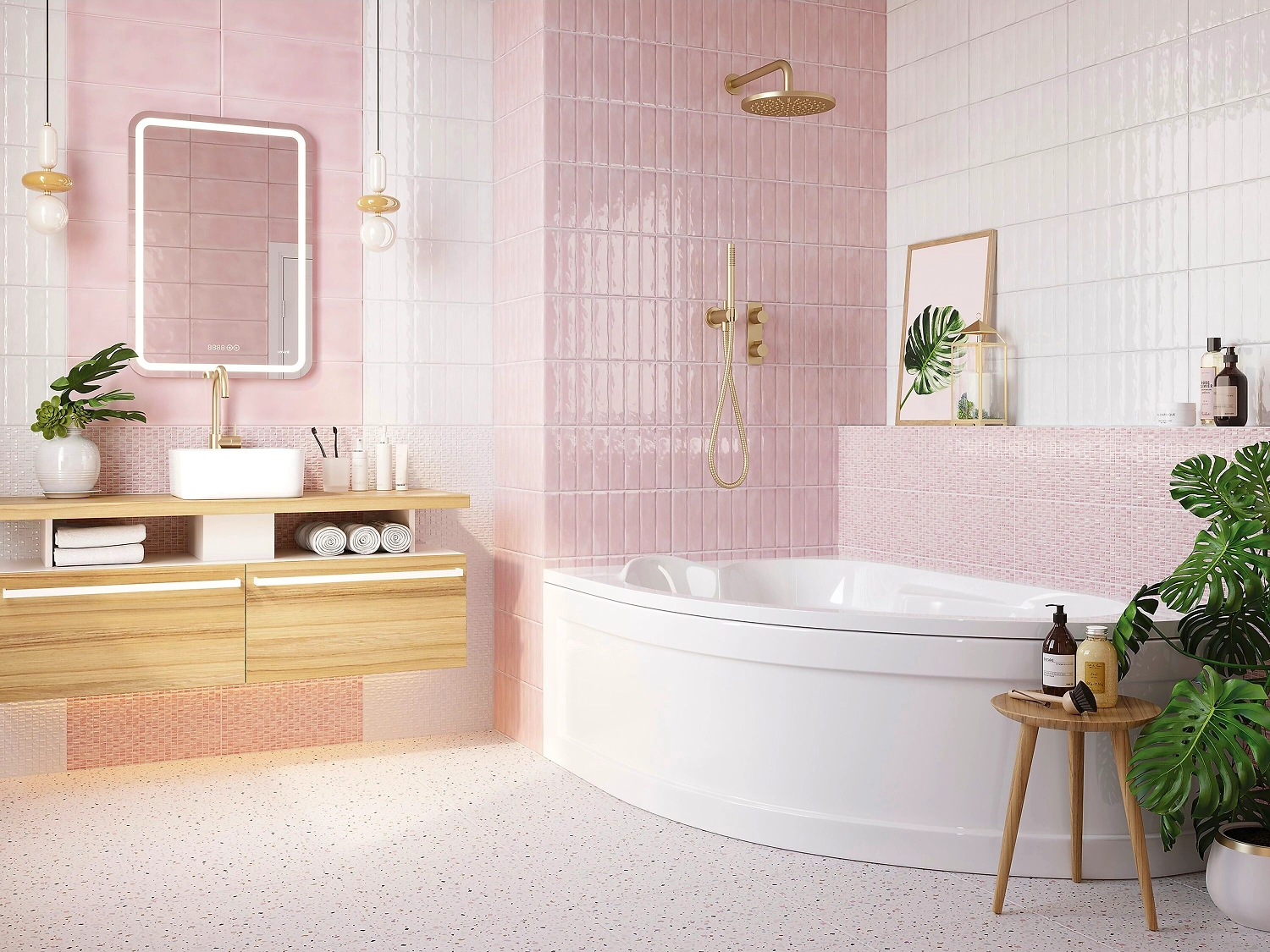 Керамическая плитка Cersanit Pudra гладкая розовая 20x44 см