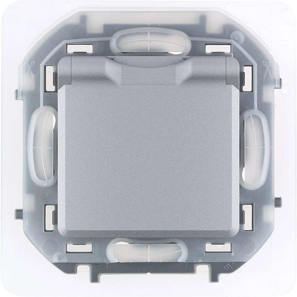 Розетка 2К+З IP44 LEGRAND INSPIRIA с откидной крышкой и шторками, Алюминий
