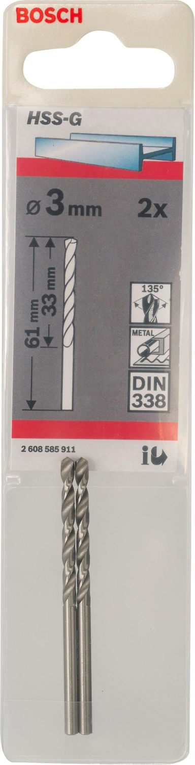 Сверло по металлу BOSCH HSS-G 3 мм 33 мм 2 шт