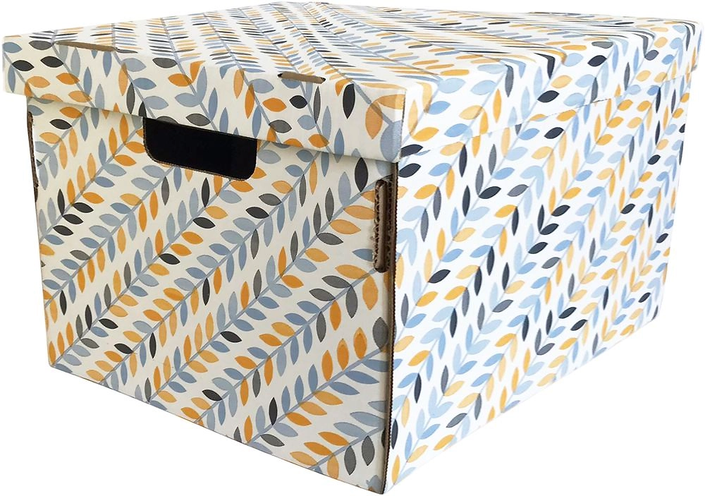 Складная коробка с крышкой "Листья", Д280 Ш370 В180, белый, желтый, голубой