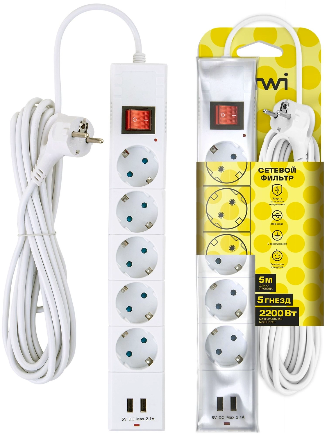 Сетевой фильтр Duwi 32588 8 5 гнезд 2200 Вт с заземлением 5 м