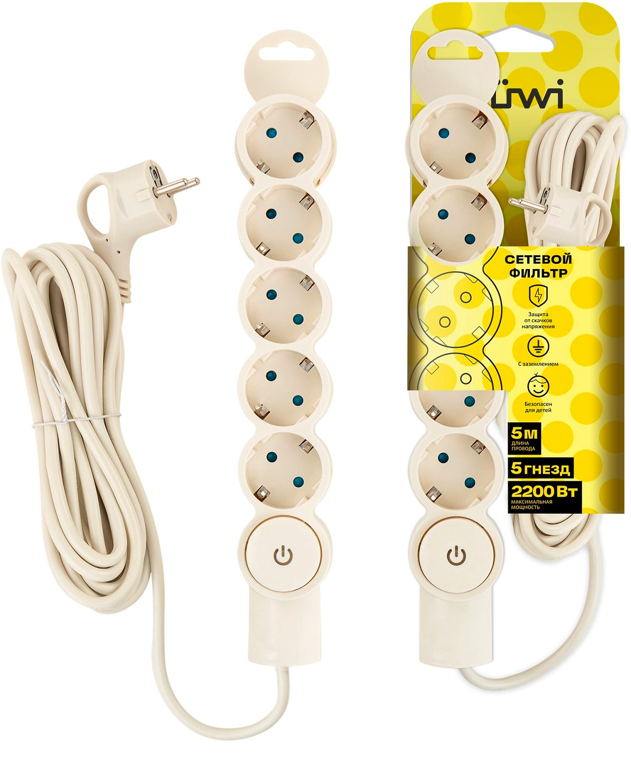 Сетевой фильтр Duwi 32573 4 5 гнезд 2200 Вт с заземлением 5 м