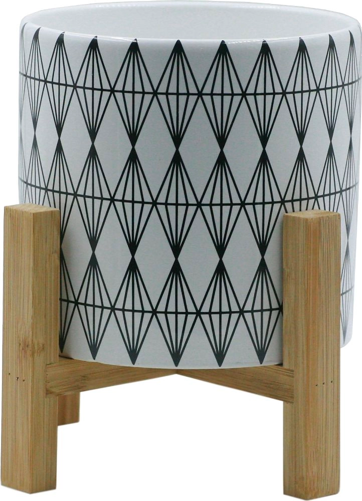 Горшок керамика с деревянной подставкой черно-белый-1 D19 H19