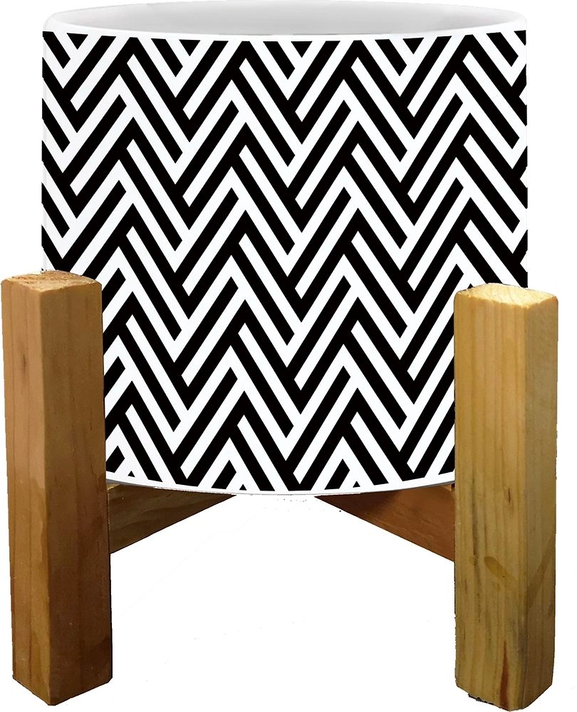 Горшок керамика с деревянной подставкой черно-белый-2 D15 H20