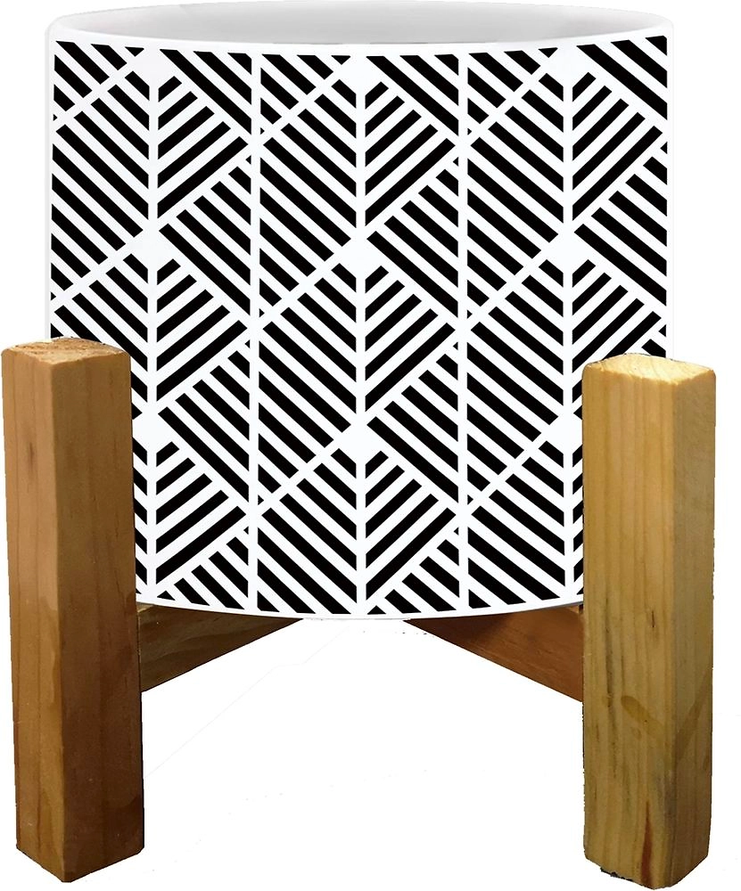 Горшок керамика с деревянной подставкой черно-белый-3 D19 H21