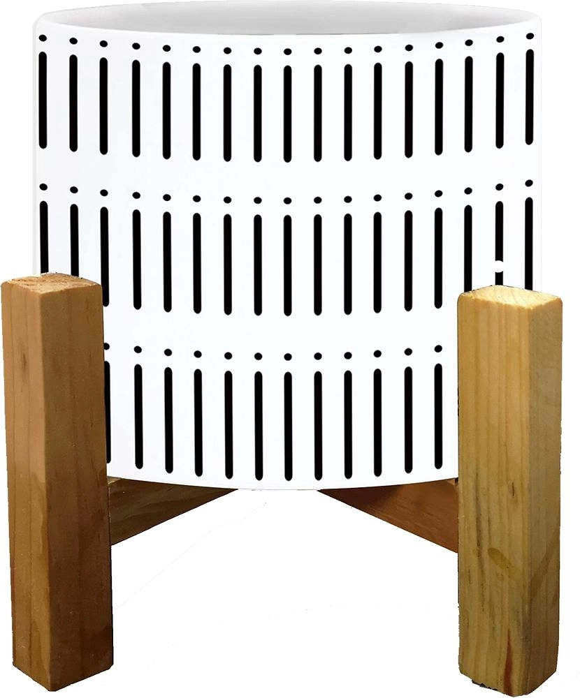 Горшок керамика с деревянной подставкой черно-белый-4 D19 H22