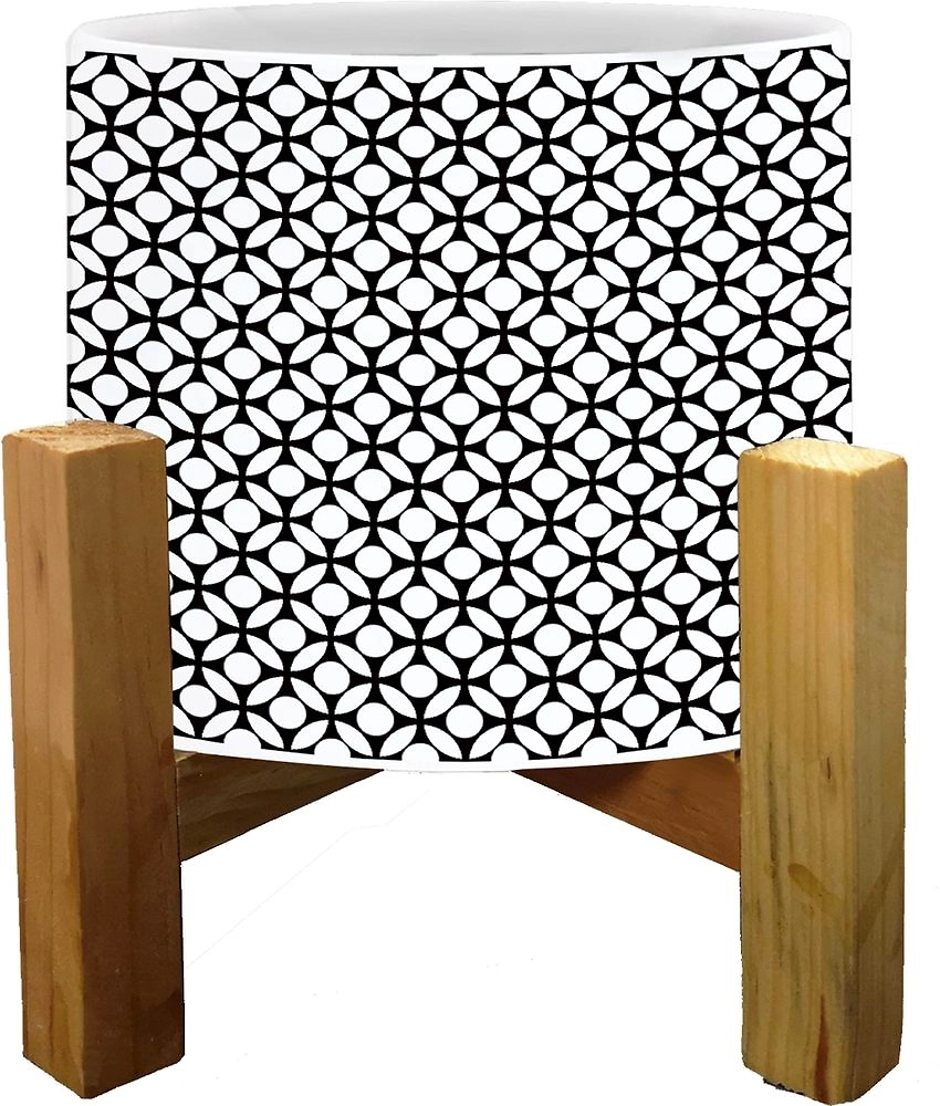 Горшок керамика с деревянной подставкой черно-белый-5 D15 H20