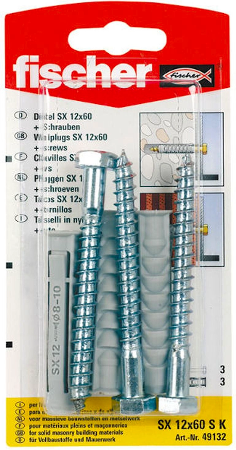 Дюбель универсальный распорный Fischer SX 12x60 мм с шурупом 3 шт