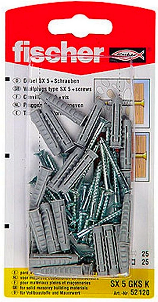 Дюбель универсальный распорный Fischer SX 5x25 мм c шурупом 25 шт