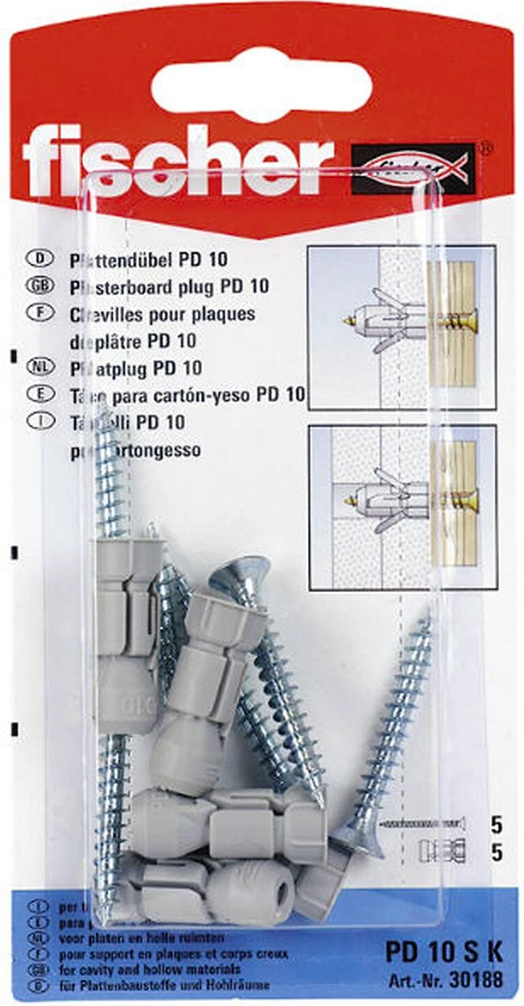 Дюбель универсальный распорный Fischer PD 10х28 мм с шурупом 5 шт