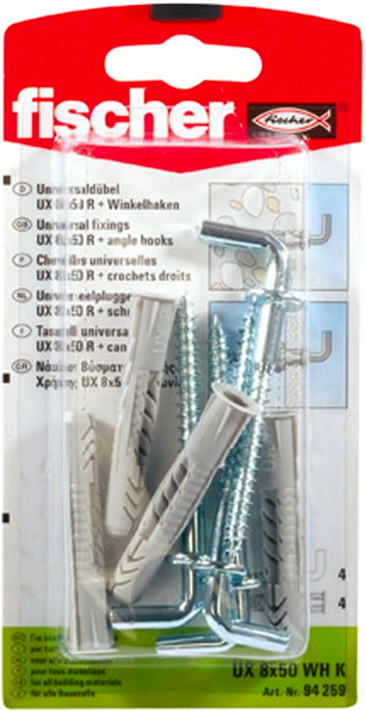 Дюбель универсальный распорный Fischer UX 8X50 мм с прямым крюком 4шт