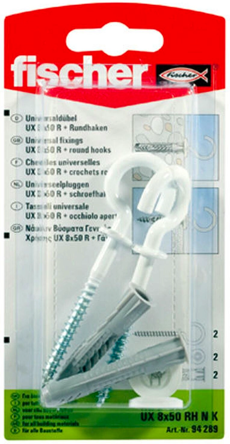 Дюбель универсальный распорный Fischer UX 8x50 мм с круглым крюком 2 шт