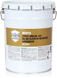 Эмаль по металлу и ржавчине Стандарт 3 в 1 полуматовая белая 5 кг