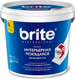 Краска интерьерная моющаяся BRITE PROFESSIONAL белая база А банка 0,9 л