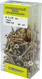 Шуруп Европартнер с фрезой, потай, желтопассивир., TORX 25, 5Х50, + бита, 80 шт