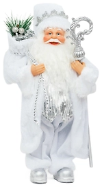 Дед Мороз в серебрянной шубке с подарками и посохом 33 см