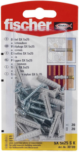 Дюбель универсальный распорный Fischer SX 5x25 мм с шурупом 20 шт