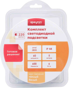Светодиодная лента Apeyron Electrics SMD 2835 60LED IP44 220В 6Вт белый 5 м