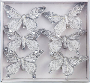 Набор украшений Бабочки с глиттером серебряные 16x15x3 cм 6 шт