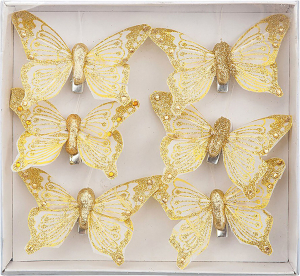 Набор украшений Бабочки с глиттером золотые 6 cм 6 шт