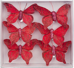 Набор украшений Бабочки с глиттером красные 6 cм 6 шт