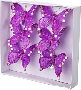 Набор украшений Бабочки с глиттером фиолетовые 6 cм 6 шт