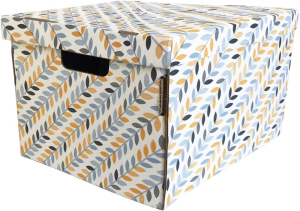 Складная коробка с крышкой "Листья", Д280 Ш370 В180, белый, желтый, голубой