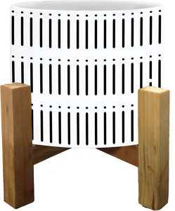 Горшок керамика с деревянной подставкой черно-белый-4 D19 H22