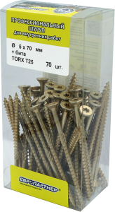 Шуруп Европартнер с фрезой, потай, желтопассивир., TORX 25, 5Х70, + бита, 70 шт
