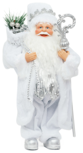 Дед Мороз в серебрянной шубке с подарками и посохом 33 см